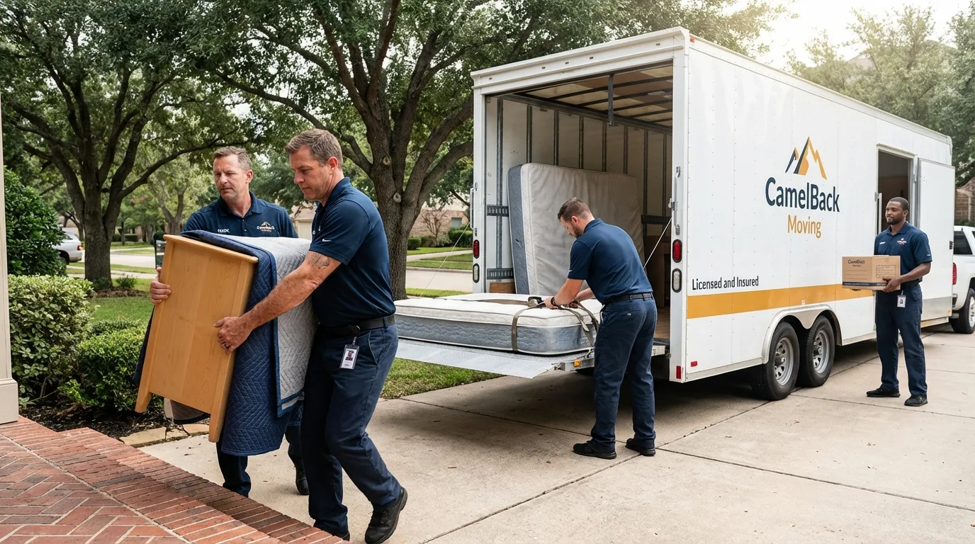 Crew loading residential truck for cross-state move from Ganado, TX