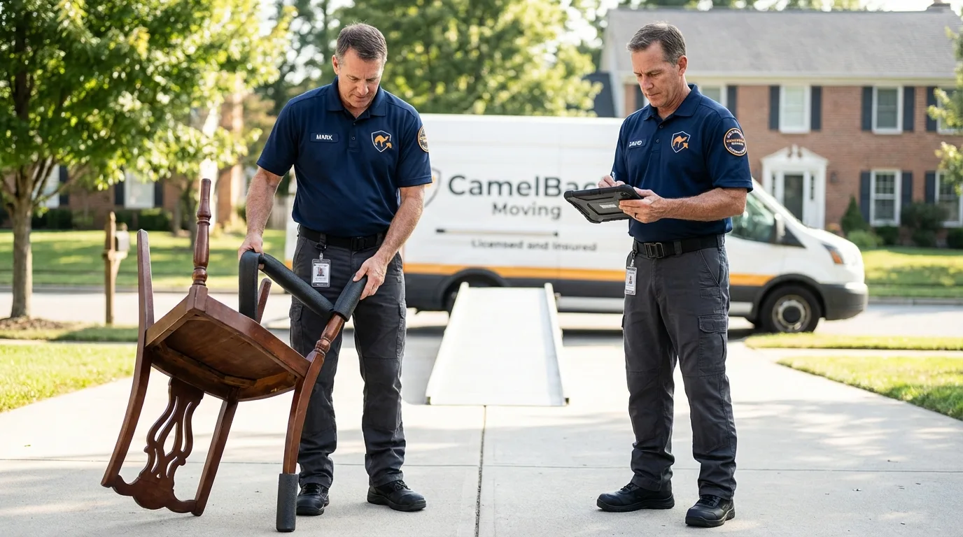 Movers inspecting furniture for damage prevention before loading in Ganado, TX